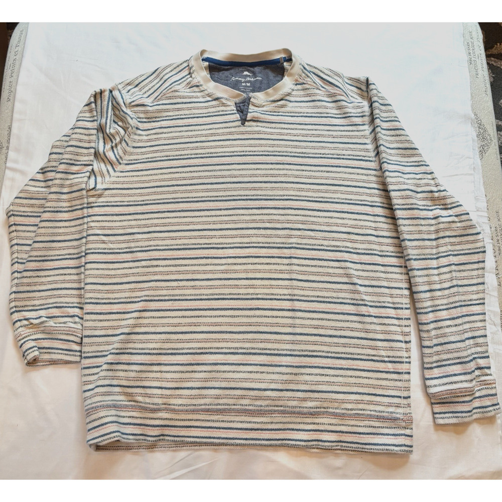 Tommy Bahama Mens Medium Henley Style long sleeve striped v neck woven shirt.